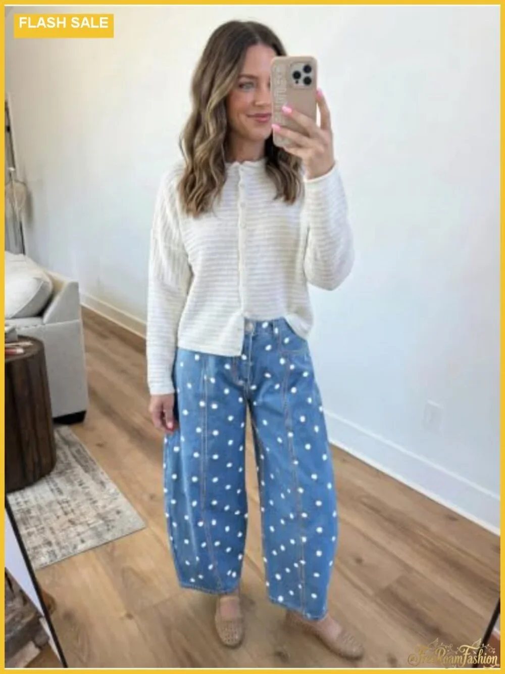 Polka Dot High Waisted Wide Leg Denim Jeans